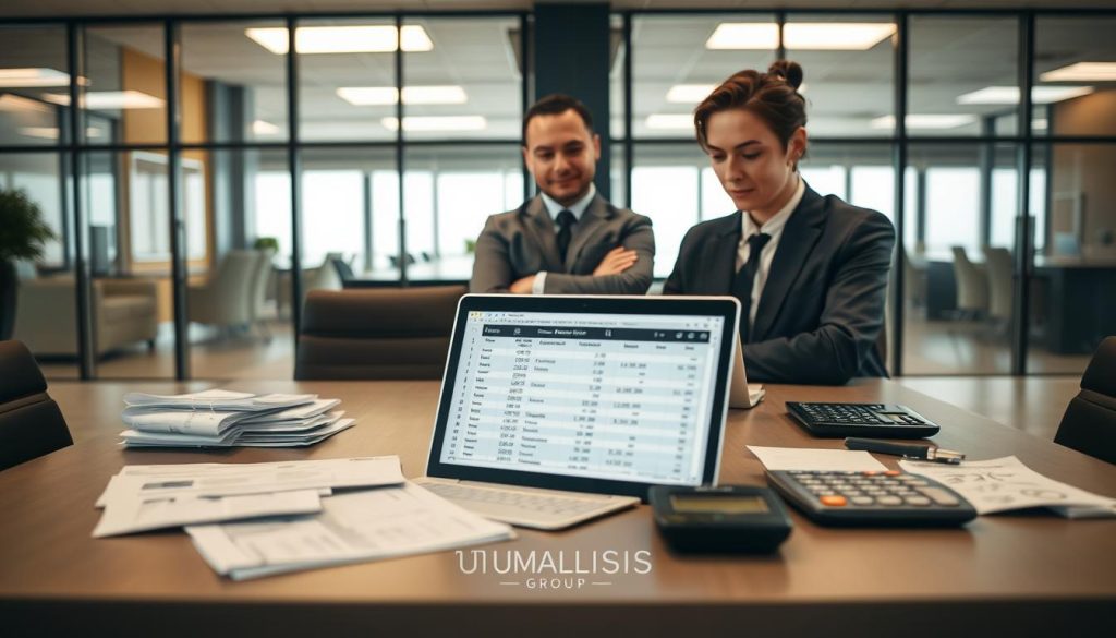 A professional workspace showcasing the concept of "meal expense reimbursement" versus "tax deduction." In the foreground, a large, modern desk with a laptop open to a spreadsheet detailing expenses. On one side, a neat arrangement of meal receipts, and on the other, a calculator with tax forms. In the middle ground, a confident business professional in formal attire reviewing the documents, with expressions of contemplation and clarity. The background features a contemporary office setting with glass walls letting in soft, natural light, creating a warm and informative atmosphere. The logo of "UMALIS GROUP" subtly incorporated in the design. The mood should evoke a sense of professionalism and financial understanding, capturing the essence of the topic effectively.