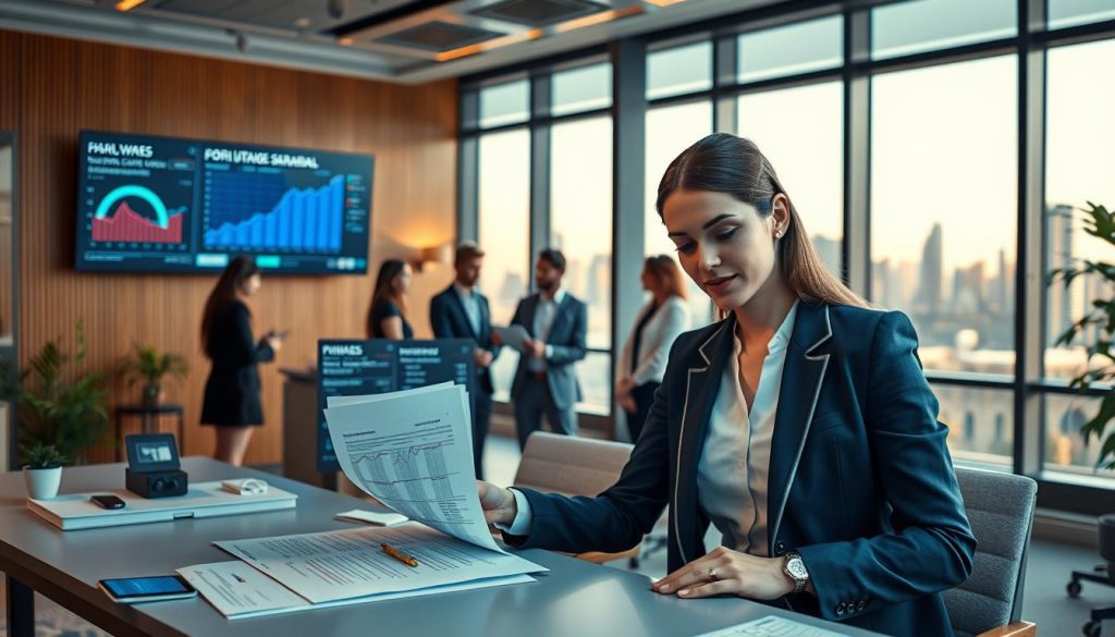 A professional workspace showcasing the concept of "portage salarial" with an emphasis on its current rules as of October 6, 2026. In the foreground, a confident businesswoman in a tailored suit reviews documents on a modern desk, surrounded by digital screens displaying graphs and charts related to work duration and mission renewals. In the middle ground, a diverse group of professionals in business attire are engaged in discussion, with a large, softly lit window showcasing a city skyline in the background. The atmosphere should feel focused and dynamic, with warm lighting creating an inviting yet serious mood. Include subtle branding elements that reflect "UMALIS GROUP" incorporated into the office decor. The angle should be slightly elevated, capturing the collaborative and professional environment.