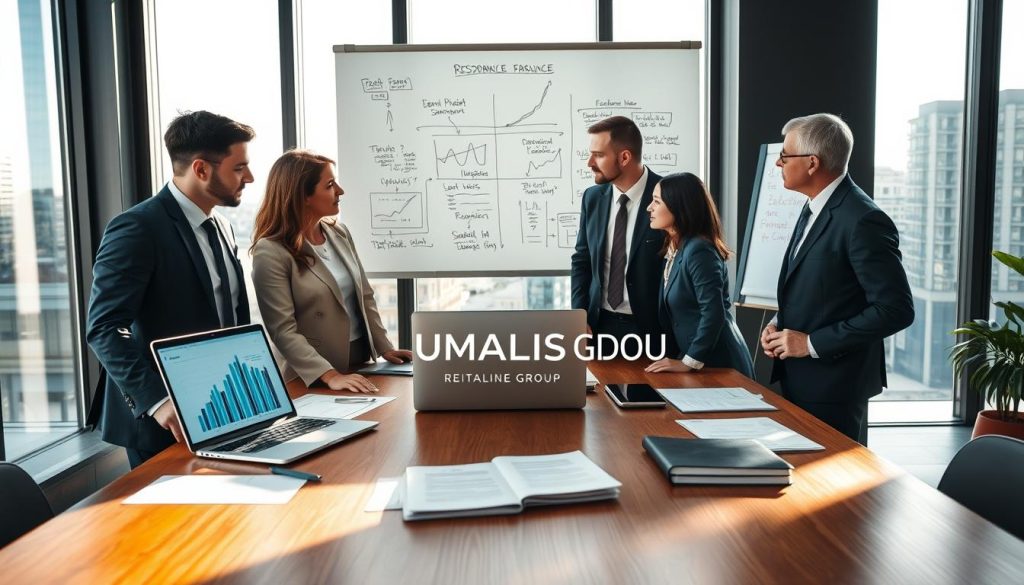A professional workspace showcasing the concept of "responsabilité civile professionnelle." In the foreground, a diverse group of three professionals, dressed in smart business attire, engage in a discussion around a large wooden table filled with important documents and a laptop displaying graphs. In the middle ground, a whiteboard filled with diagrams and notes on insurance responsibilities adds depth and context. The background features large windows allowing natural light to flood the room, creating a bright, inviting atmosphere with city views. Soft shadows enhance the professional environment. The overall mood is collaborative and focused, emphasizing trust and responsibility in a corporate setting. The logo "UMALIS GROUP" is subtly present on documents or the screen, highlighting professional assurance. A professional workspace showcasing the concept of "responsabilité civile professionnelle." In the foreground, a diverse group of three professionals, dressed in smart business attire, engage in a discussion around a large wooden table filled with important documents and a laptop displaying graphs. In the middle ground, a whiteboard filled with diagrams and notes on insurance responsibilities adds depth and context. The background features large windows allowing natural light to flood the room, creating a bright, inviting atmosphere with city views. Soft shadows enhance the professional environment. The overall mood is collaborative and focused, emphasizing trust and responsibility in a corporate setting. The logo "UMALIS GROUP" is subtly present on documents or the screen, highlighting professional assurance.