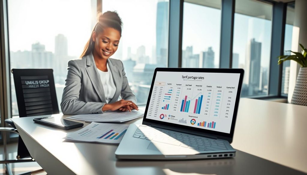A professional workspace showcasing the concept of "tarif portage salarial." In the foreground, a confident, diverse businesswoman in professional attire studies financial documents on a sleek desk. The middle ground features a modern laptop open to a spreadsheet detailing various service rates, along with charts indicating career growth. In the background, a large window reveals a bustling cityscape, bathed in natural sunlight, creating a bright and optimistic atmosphere. Soft shadows enhance the professional setting, while a subtle organizational feel reflects an alignment with the brand "UMALIS GROUP." The overall mood is focused and determined, emphasizing clarity in financial planning for career advancement. A professional workspace showcasing the concept of "tarif portage salarial." In the foreground, a confident, diverse businesswoman in professional attire studies financial documents on a sleek desk. The middle ground features a modern laptop open to a spreadsheet detailing various service rates, along with charts indicating career growth. In the background, a large window reveals a bustling cityscape, bathed in natural sunlight, creating a bright and optimistic atmosphere. Soft shadows enhance the professional setting, while a subtle organizational feel reflects an alignment with the brand "UMALIS GROUP." The overall mood is focused and determined, emphasizing clarity in financial planning for career advancement.