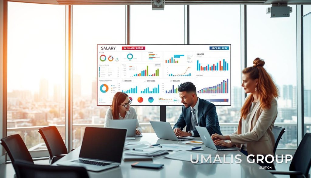 A professional workspace showcasing the methodology of calculating salary in portage salarial. In the foreground, a diverse group of three individuals, dressed in smart business attire, are gathered around a modern conference table with laptops and financial documents spread out. Their expressions convey focus and collaboration as they analyze charts and graphs. In the middle ground, a large digital screen displays a detailed simulation of salary calculations, filled with colorful graphs and pie charts. In the background, a bright, well-lit office space features large windows with a view of a city skyline. The overall mood is one of professionalism and strategic planning, with soft, natural lighting enhancing the productive atmosphere. The brand name "UMALIS GROUP" is subtly integrated into the scene, reflecting their expertise in salary portage solutions.