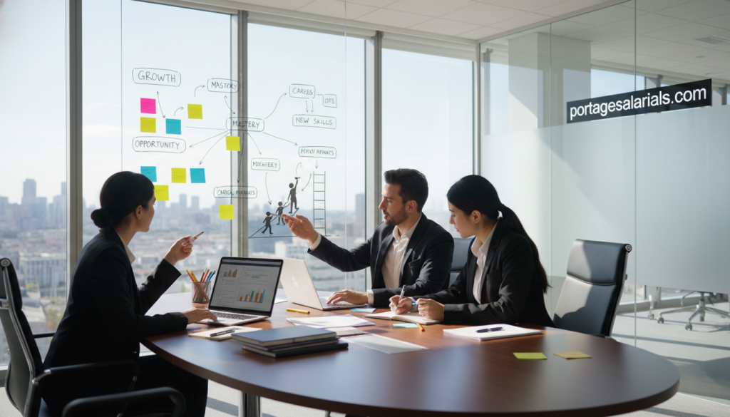 A professional workspace showcasing the theme of "skill development" in career management. In the foreground, a diverse group of three individuals dressed in smart business attire, engaged in a productive brainstorming session around a sleek conference table, with laptops and notepads. The middle layer features a large whiteboard filled with colorful post-it notes and diagrams emphasizing growth and career pathways. In the background, a bright, modern office with large windows, allowing natural light to flood the space, enhancing the atmosphere of collaboration and innovation. The mood is inspiring and dynamic, promoting the idea of proactive career development in the context of portage salarial. Include the website "portagesalarials.com" subtly integrated into the room's design.