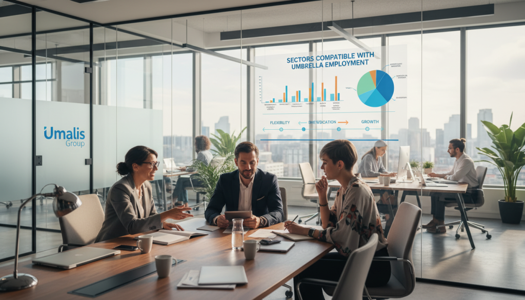 A professional workspace showcasing various compatible sectors for umbrella employment. In the foreground, a diverse group of professionals in business attire—an accountant, a consultant, and a creative designer—engage in a lively discussion around a table filled with reports and laptops. The middle ground features vibrant charts and graphs that represent different sectors like technology, healthcare, and arts. The background displays a modern office with large windows letting in natural light, creating a bright and welcoming atmosphere. The overall mood is collaborative and inspiring, symbolizing the flexibility and opportunities of umbrella employment. The Umalis Group logo subtly integrated into the workspace decor enhances the professional vibe without overwhelming the scene. A professional workspace showcasing various compatible sectors for umbrella employment. In the foreground, a diverse group of professionals in business attire—an accountant, a consultant, and a creative designer—engage in a lively discussion around a table filled with reports and laptops. The middle ground features vibrant charts and graphs that represent different sectors like technology, healthcare, and arts. The background displays a modern office with large windows letting in natural light, creating a bright and welcoming atmosphere. The overall mood is collaborative and inspiring, symbolizing the flexibility and opportunities of umbrella employment. The Umalis Group logo subtly integrated into the workspace decor enhances the professional vibe without overwhelming the scene.