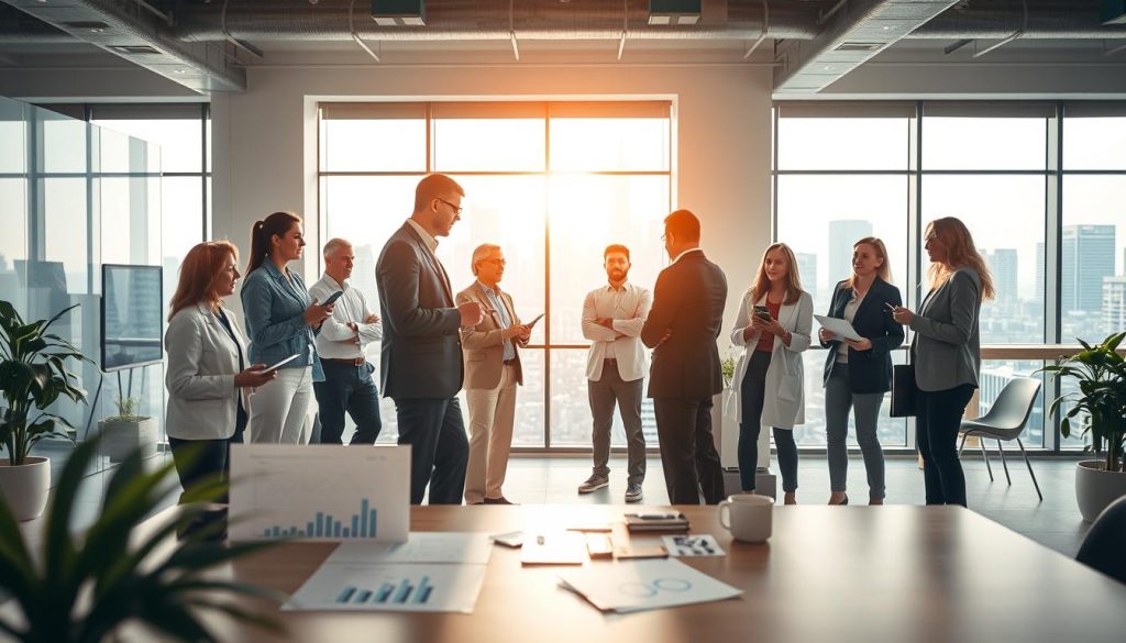 A professional workspace showcasing various sectors of activity within salary portage. In the foreground, a diverse group of professionals in business attire collaboratively discussing graphs and charts. The middle ground features representatives from sectors like technology, healthcare, and creative industries, each engaged in discussions and holding digital devices. In the background, large windows allow natural light to flood the office, highlighting a modern urban skyline. The overall atmosphere is dynamic and focused, conveying a sense of collaboration and professionalism in the workplace. Soft, warm lighting enhances the welcoming feel of the environment, and the image is captured from a slightly elevated angle to provide depth. A professional workspace showcasing various sectors of activity within salary portage. In the foreground, a diverse group of professionals in business attire collaboratively discussing graphs and charts. The middle ground features representatives from sectors like technology, healthcare, and creative industries, each engaged in discussions and holding digital devices. In the background, large windows allow natural light to flood the office, highlighting a modern urban skyline. The overall atmosphere is dynamic and focused, conveying a sense of collaboration and professionalism in the workplace. Soft, warm lighting enhances the welcoming feel of the environment, and the image is captured from a slightly elevated angle to provide depth.