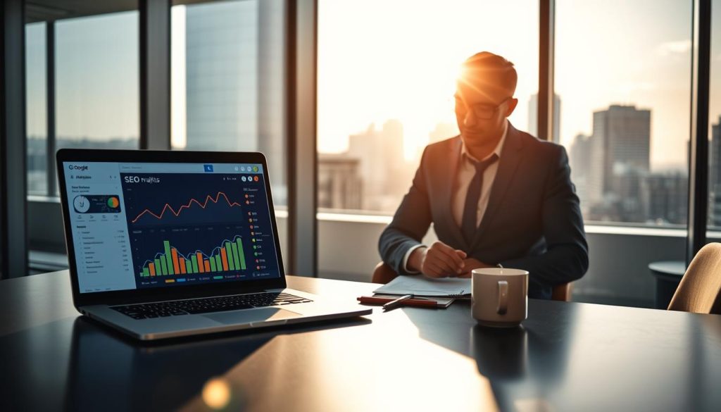 A professional workspace symbolizing "positionnement sur Google", featuring a sleek modern desk in the foreground with a laptop open to a Google Analytics dashboard, vibrant graphs indicating SEO performance. In the middle, a focused business professional in a smart casual outfit studying metrics, surrounded by notepads and coffee. The background showcases a large window with city skyline views, bright natural light flooding in to create a dynamic atmosphere of productivity and focus. The mood conveys determination and strategic thinking, with sharp contrasts highlighting the urgency of effective positioning on Google. Include subtle branding elements of "UMALIS GROUP" in the design, blending seamlessly into the workspace environment.