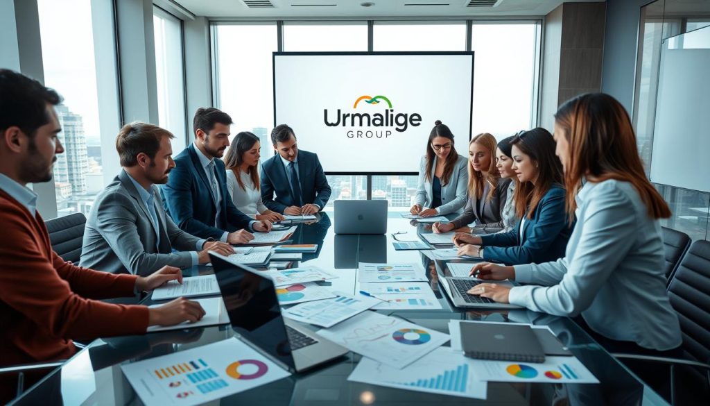 A professional workspace symbolizing the concept of "portage salarial." In the foreground, showcase a diverse group of professionals in business attire—men and women—engaged in a collaborative discussion over documents and digital devices, exuding focus and ambition. In the middle ground, illustrate elements like a glass conference table, laptops, and notebooks scattered with colorful graphs and charts, indicating dynamic organizational planning. The background features a large window with a cityscape view, allowing natural light to flood the room, adding warmth and positivity. Soft, diffused lighting enhances the atmosphere of professionalism and collaboration. Include a subtle logo of "Umalis Group" on a presentation screen, emphasizing the brand's involvement in the coaching process.