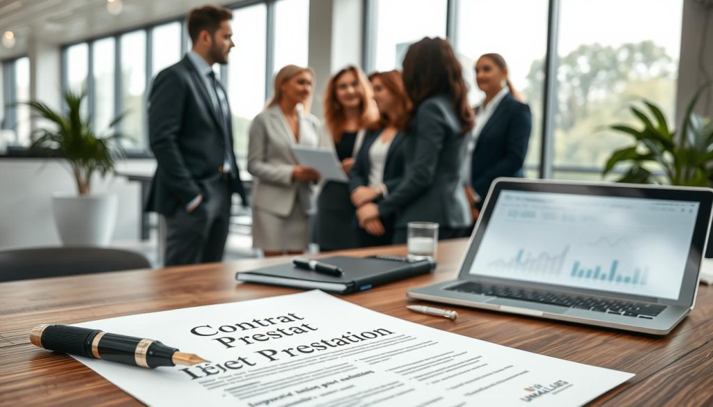 A professional workspace that highlights the concept of "contrat prestation" in the context of portage salarial versus freelance work. In the foreground, a neatly arranged desk featuring a contract document with a header "Contrat Prestation" in elegant font, accompanied by a fountain pen and a laptop showing graph analytics. In the middle, a diverse group of professionals in smart business attire engaged in discussion, portraying collaboration, with expressions focused and engaged. The background includes a modern office setting with large windows allowing natural light to illuminate the scene, creating a bright and hopeful atmosphere. The overall mood should be one of professionalism and clarity, emphasizing the importance of understanding contractual agreements. Include subtle branding elements of "UMALIS GROUP" on the documents.