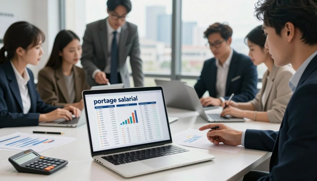 A professional workspace themed around the costs associated with "portage salarial" in France. In the foreground, a desk with a sleek laptop displaying financial graphs and cost breakdowns, alongside a calculator and financial documents. The middle layer features a diverse group of professionals dressed in smart attire, actively discussing and analyzing the data. In the background, a large window showcases a view of a bustling cityscape, adding a sense of dynamic energy. Soft, natural lighting filters in, creating an inviting atmosphere that reflects both the seriousness and flexibility of the topic. The image conveys a sense of professionalism and collaboration, emphasizing financial awareness in the freelance community.