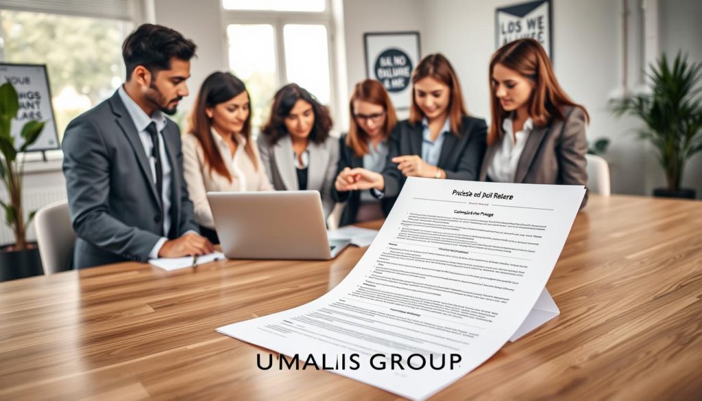 A professional workspace with a detailed report titled "Compte rendu de mission en portage" prominently displayed on a sleek wooden desk. In the foreground, a diverse group of three individuals, dressed in formal business attire, are engaged in a focused discussion, pointing at the report. The middle layer features a laptop and some additional paperwork, suggesting a collaborative environment. In the background, large windows let in soft, natural light, creating a warm and inviting atmosphere. The room is decorated with plants and motivational artwork, enhancing productivity. The scene conveys a sense of professionalism and diligence, emphasizing the importance of documentation in freelance and portage salarial work. Include the brand name "UMALIS GROUP" subtly integrated into the desk design, ensuring a clean and polished look.
