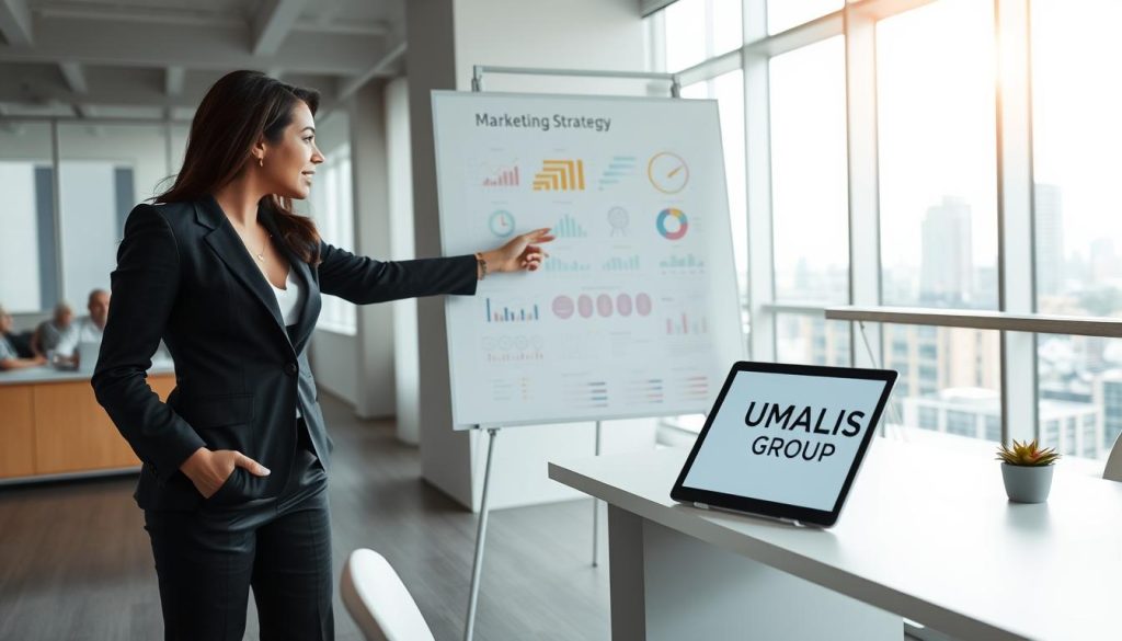 A professional workspace with a modern, sleek aesthetic, featuring a large whiteboard filled with colorful marketing strategy diagrams and charts. In the foreground, a focused businesswoman in a tailored suit stands beside the whiteboard, actively pointing to key strategic points. In the background, a bright, airy office space overlooks a cityscape through large windows. Soft, natural lighting streams in, creating an inspiring atmosphere. The mood is one of clarity and determination, showcasing the formalization of marketing strategy. On a minimalistic desk, a digital tablet displays the brand name "UMALIS GROUP" subtly. Capture this scene from a slightly elevated angle to emphasize the collaborative nature of strategy development while maintaining a professional tone.