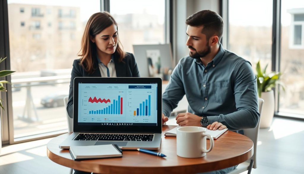 A professional workspace with two individuals discussing collaboration over a laptop, emphasizing "accompagnement services outils". In the foreground, the laptop screen displays graphs and charts, showcasing business solutions. The middle ground features a round table with notebooks, pens, and a coffee mug, symbolizing teamwork. In the background, a modern office with large windows allowing natural light to flood the space, casting soft shadows. One person, a woman, is dressed in smart business attire, while the other, a man, wears a modest casual outfit, each engaged thoughtfully in conversation. The atmosphere is collaborative and inspiring, conveying a sense of support and value in professional services, with the brand "UMALIS GROUP" subtly reflected in the workspace decor. The image is bright, with a warm color palette to evoke positivity. A professional workspace with two individuals discussing collaboration over a laptop, emphasizing "accompagnement services outils". In the foreground, the laptop screen displays graphs and charts, showcasing business solutions. The middle ground features a round table with notebooks, pens, and a coffee mug, symbolizing teamwork. In the background, a modern office with large windows allowing natural light to flood the space, casting soft shadows. One person, a woman, is dressed in smart business attire, while the other, a man, wears a modest casual outfit, each engaged thoughtfully in conversation. The atmosphere is collaborative and inspiring, conveying a sense of support and value in professional services, with the brand "UMALIS GROUP" subtly reflected in the workspace decor. The image is bright, with a warm color palette to evoke positivity.
