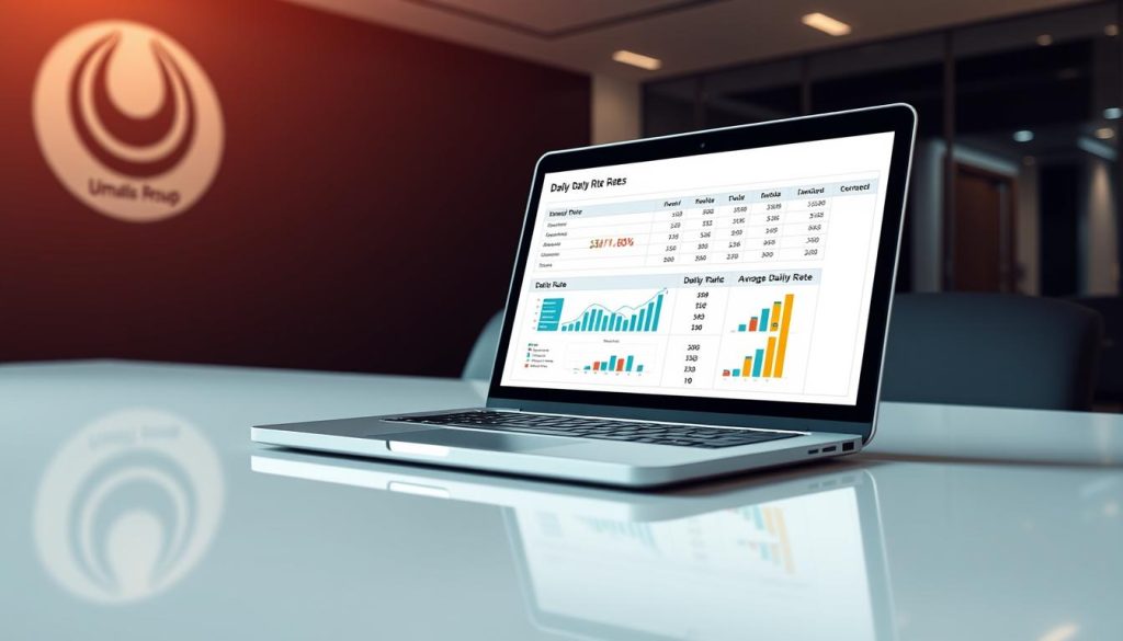 A professional yet visually captivating illustration of a daily rate calculation for the Umalis Group's employee leasing services. Set in a sleek, modern office environment, the scene depicts a laptop display showing detailed financial calculations, with charts and graphs providing a clear breakdown of the average daily rate. The lighting is soft and balanced, creating a sense of professionalism and attention to detail. The background features the Umalis Group branding, subtly reinforcing the subject matter. The overall composition conveys a sense of expertise, transparency, and the importance of accurately determining one's daily rate in the employee leasing industry.