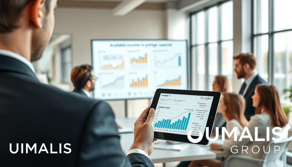 A professionally designed office setting showcasing a diverse group of business professionals engaged in discussion and analysis. In the foreground, a person wearing business attire holds a tablet displaying financial graphs and revenue data, symbolizing "available income in portage salarial." The middle ground features a large presentation screen with charts and diagrams illustrating income assessment and regularity. In the background, large windows allow natural light to flood the room, creating a bright and optimistic atmosphere. The overall mood is one of focus and collaboration, highlighting the importance of effectively evaluating available income. Include the logo "UMALIS GROUP" subtly integrated into the scene, ensuring it maintains a professional appearance without dominating the image.