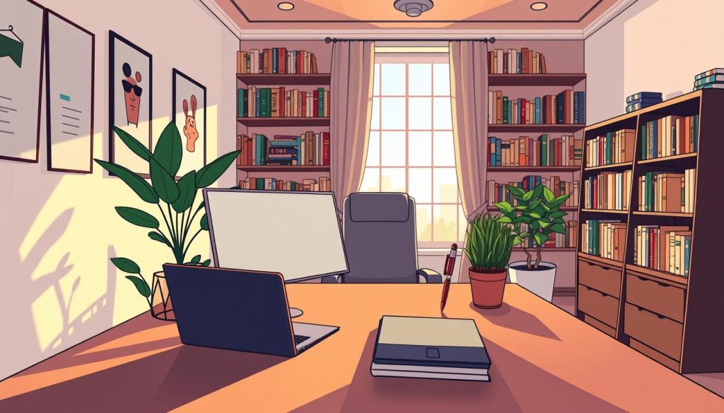 A professional's office space, meticulously designed to foster productivity and creativity. In the foreground, a sleek desk adorned with a laptop, a pen holder, and a potted plant, casting soft shadows under warm, directional lighting. In the middle ground, bookshelves line the walls, filled with tomes on business strategy and personal development. The background reveals a large window, letting in natural light that illuminates the room and creates a sense of openness and clarity. The overall atmosphere is one of thoughtful organization, personalized touches, and a harmonious blend of function and aesthetic, inspiring the independent professional to chart their own path to success.