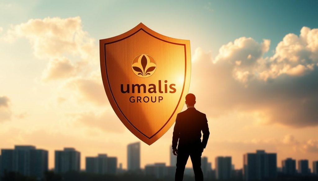 A protective shield made of bronze and steel, emblazoned with the Umalis Group logo, floats in a serene, cloud-filled sky. The shield casts a warm, golden glow, symbolizing the security and well-being of the salaried worker. In the foreground, a human figure stands tall, their silhouette representing the salaried employee under the shield's safeguard. The background features a modern, minimalist cityscape, suggesting the professional context in which the salaried worker operates. The overall composition conveys a sense of reassurance, stability, and the legal obligations surrounding the social protection of the salaried worker.
