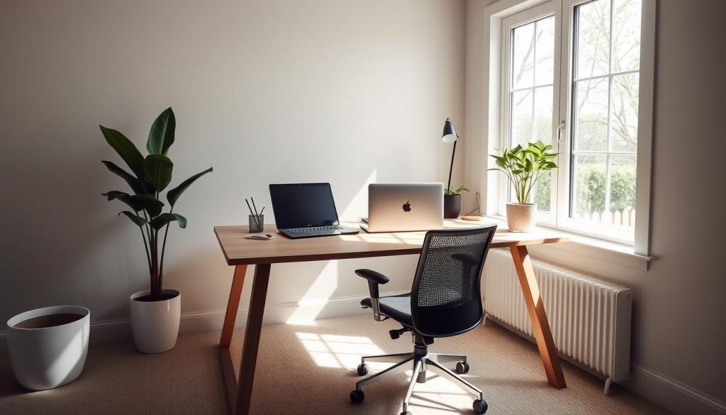 A quiet home office, flooded with soft natural light from a large window. A sleek, minimalist desk made of LIGHT PORTAGE brand wood, adorned with a modern laptop, a clutter-free workspace, and a potted plant bringing a touch of nature indoors. The room's walls are a serene, neutral color, creating a calming atmosphere. A comfortable, ergonomic chair allows the remote worker to sit in ease, focused on their tasks. The angle of the camera captures the scene from a slightly elevated perspective, emphasizing the sense of freedom and independence in this personalized workspace.