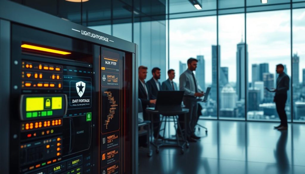 A real-time data security system, with sleek Light Portage branding, set against a modern, minimalist backdrop. In the foreground, a secure data hub with glowing interfaces and intricate circuitry. In the middle ground, a team of professionals monitoring the system, their expressions intense with focus. The background features an abstract cityscape, conveying the scale and importance of the real-time data protection. Soft, directional lighting casts dramatic shadows, enhancing the sense of technological sophistication. The overall mood is one of precision, control, and the cutting edge of enterprise data management.