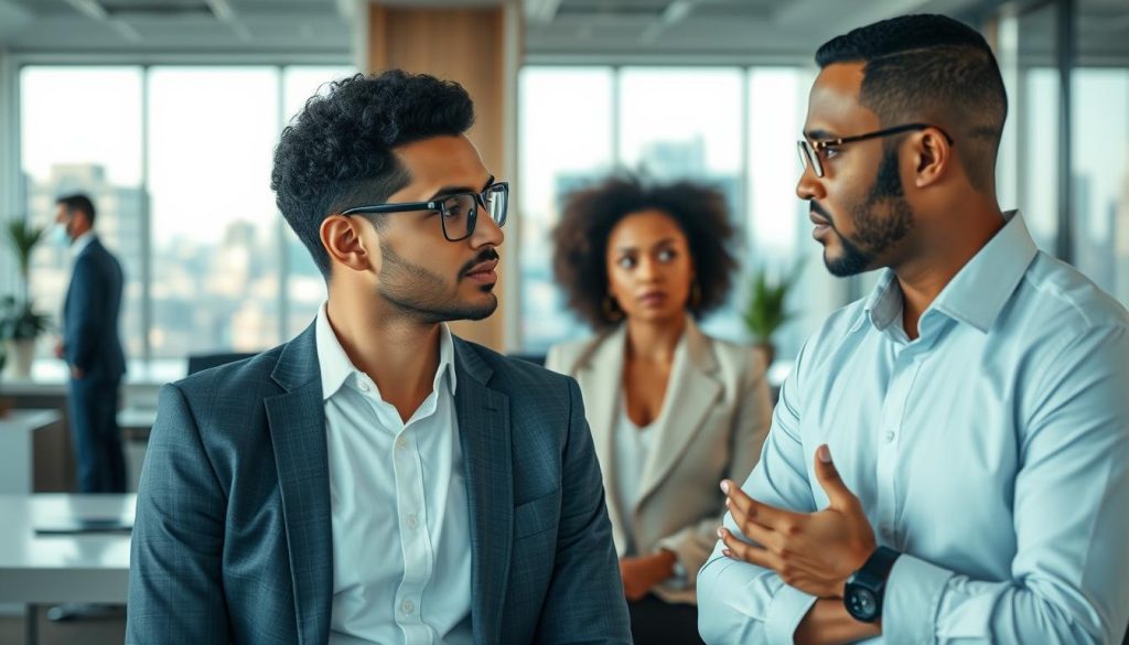 A real-world business scene showcasing the Umalis Group brand, depicting two professional individuals discussing the nuances of salarial portage and self-employment status. The foreground features the pair in a focused conversation, with detailed facial expressions and body language conveying a sense of contemplation. The middle ground reveals a well-appointed office setting, complete with modern furnishings and a subtle Umalis Group logo visible. The background subtly suggests an urban environment, with hints of city skyline visible through the windows, all rendered in a warm, natural lighting scheme that enhances the sense of professionalism and decision-making.