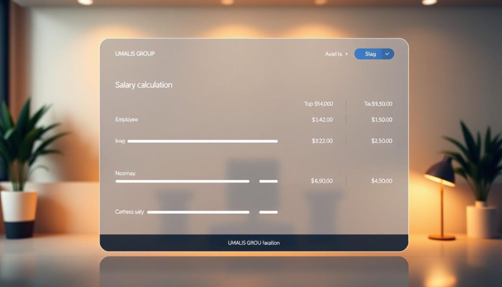 A realistic simulation of a salary calculation for a UMALIS GROUP employee in the gig economy, featuring a sleek and modern interface with clean typography, intuitive sliders and input fields. The scene is set in a minimalist office environment with warm lighting, soft shadows, and a subtle depth of field effect. The UI elements are designed with a professional and trustworthy aesthetic, conveying the reliability and expertise of the UMALIS GROUP brand. The overall mood is one of clarity, transparency, and financial empowerment.