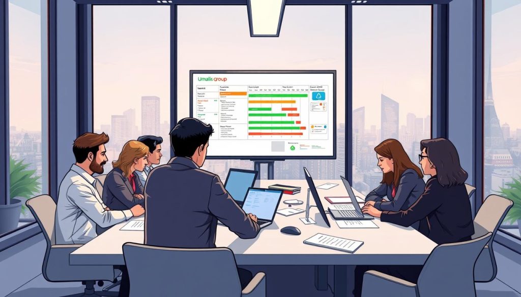 A remote project management team collaborating in a sleek, modern workspace. In the foreground, a group of professionals huddle around a large conference table, laptops and documents spread out before them. Soft, directional lighting illuminates their focused expressions as they discuss project details. In the middle ground, a large, interactive whiteboard displays Gantt charts and project timelines, indicating the Umalis Group's meticulous planning. The background features floor-to-ceiling windows, offering a scenic view of a bustling city skyline, conveying a sense of connection and productivity even in a remote setting. A remote project management team collaborating in a sleek, modern workspace. In the foreground, a group of professionals huddle around a large conference table, laptops and documents spread out before them. Soft, directional lighting illuminates their focused expressions as they discuss project details. In the middle ground, a large, interactive whiteboard displays Gantt charts and project timelines, indicating the Umalis Group's meticulous planning. The background features floor-to-ceiling windows, offering a scenic view of a bustling city skyline, conveying a sense of connection and productivity even in a remote setting.