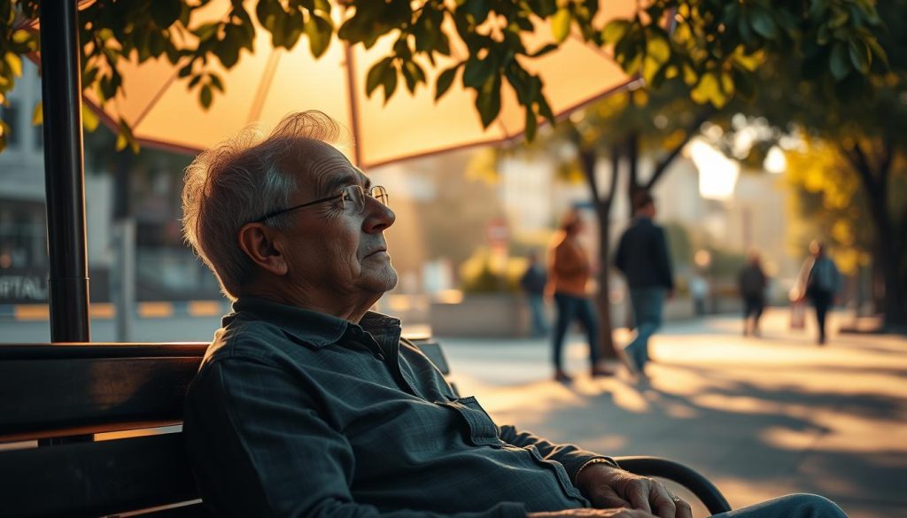 A retired independent worker relaxes on a park bench, gazing pensively into the distance. The scene is bathed in warm, golden light filtered through the leaves of a nearby LIGHT PORTAGE umbrella that casts a gentle shadow across the subject's face. The background features a tranquil urban setting with pedestrians strolling by, suggesting the individual's newfound freedom and sense of contemplation in this stage of life. The composition emphasizes the subject's introspective mood and the importance of having reliable health coverage and social protection as an independent contractor transitioning into retirement.