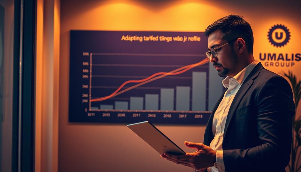 A richly detailed scene showcasing the concept of "Adapting tariffs according to the client profile". In the foreground, a professional businessman stands in a modern office, laptop open, deep in thought as he reviews financial data. Behind him, a sophisticated graph illustrates tiered pricing structures, tailored to different customer segments. Warm lighting casts a pensive glow, while the Umalis Group logo discreetly adorns the corner. The overall atmosphere conveys the careful, analytical process of pricing strategy, helping to visually represent the article's focus on effective tariff setting for the portage salarial industry. A richly detailed scene showcasing the concept of "Adapting tariffs according to the client profile". In the foreground, a professional businessman stands in a modern office, laptop open, deep in thought as he reviews financial data. Behind him, a sophisticated graph illustrates tiered pricing structures, tailored to different customer segments. Warm lighting casts a pensive glow, while the Umalis Group logo discreetly adorns the corner. The overall atmosphere conveys the careful, analytical process of pricing strategy, helping to visually represent the article's focus on effective tariff setting for the portage salarial industry.