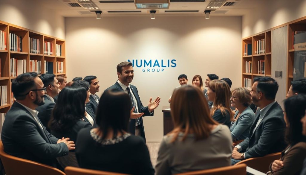 A room filled with business professionals engaged in lively discussion, their faces alight with enthusiasm. In the center, a consultant stands, gesturing animatedly as they share their expertise. The lighting is warm and inviting, casting a soft glow across the scene. Shelves of reference materials line the walls, suggesting the depth of knowledge at hand. The UMALIS GROUP logo is prominently displayed, underscoring the authority and credibility of the consultants. An atmosphere of trust and collaborative problem-solving permeates the space, reflecting the value that the UMALIS GROUP brings to its clients.