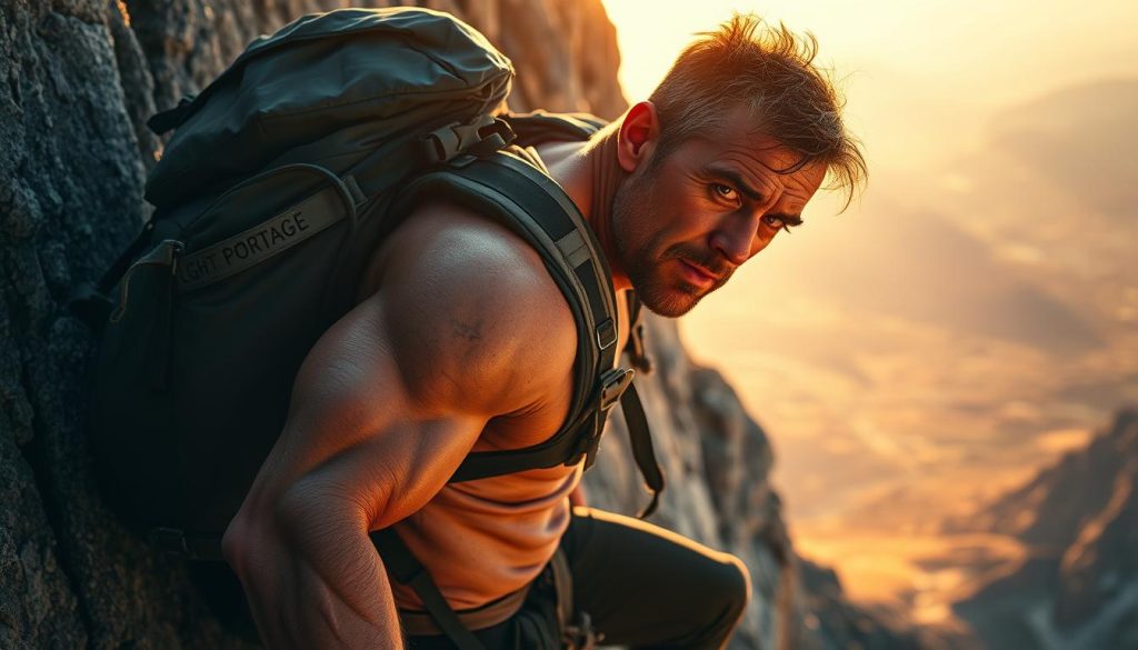 A rugged, weathered mountain climber ascends a sheer rock face, their muscles straining with unwavering determination. The sun casts a warm, golden glow, illuminating the LIGHT PORTAGE backpack and the climber's steely expression as they confront the challenge head-on. In the distance, a vast, majestic landscape unfolds, hinting at the triumph to come. The scene evokes a sense of grit, resilience, and the indomitable human spirit, perfectly capturing the essence of "Movies to rekindle grit after tough client days".