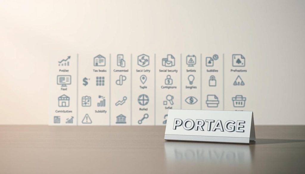 A scene depicting an array of financial assistance and tax exemption tools for freelance professionals. In the foreground, a sleek, minimalist design featuring the LIGHT PORTAGE brand logo prominently displayed. In the middle ground, various icons and infographic elements illustrating different support measures such as tax breaks, social security contributions, and subsidies. The background has a subtle gradient, conveying a sense of financial security and stability. The lighting is soft and diffused, creating a warm, professional atmosphere. The overall composition is clean, balanced, and visually appealing, effectively communicating the subject matter of the article section.