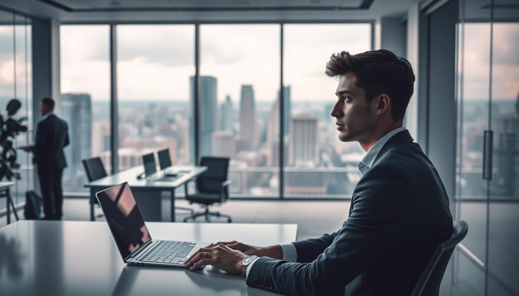 A scene depicting "délai indemnisation" for a career transition, set in the sleek, modern offices of UMALIS GROUP. The foreground shows a young professional, dressed in professional attire, sitting at a desk, deep in thought, contemplating the next steps. The middle ground reveals a high-tech, minimalist interior with clean lines and muted tones, conveying a sense of efficiency and order. In the background, a large window overlooks a bustling cityscape, suggesting the broader context and challenges of navigating the employment landscape. Soft, diffused lighting casts a contemplative mood, while a subtle sense of anticipation and possibility permeates the scene.