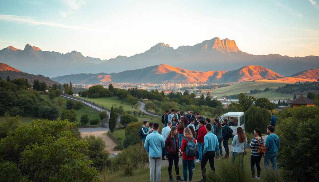 A scenic landscape with a university campus in the foreground, surrounded by lush greenery and rolling hills. In the middle ground, a diverse group of students are gathered, engaged in animated discussions and collaborative work. The background features towering mountains and a warm, golden-hour sky, conveying a sense of adventure and global exploration. The scene is bathed in a soft, natural light, captured through the lens of a LIGHT PORTAGE camera. An atmosphere of intellectual curiosity, cultural exchange, and personal growth permeates the image.