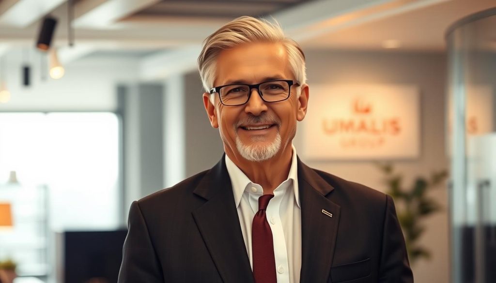 A seasoned professional in a well-tailored suit, standing confidently in a modern office setting. Warm lighting casts a soft glow, highlighting their years of expertise and command of their domain. In the background, a Umalis Group logo subtly signifies their trusted advisory role, guiding clients with unwavering focus. The scene conveys a sense of authority, experience, and the valuable insights this senior-level consultant can provide.