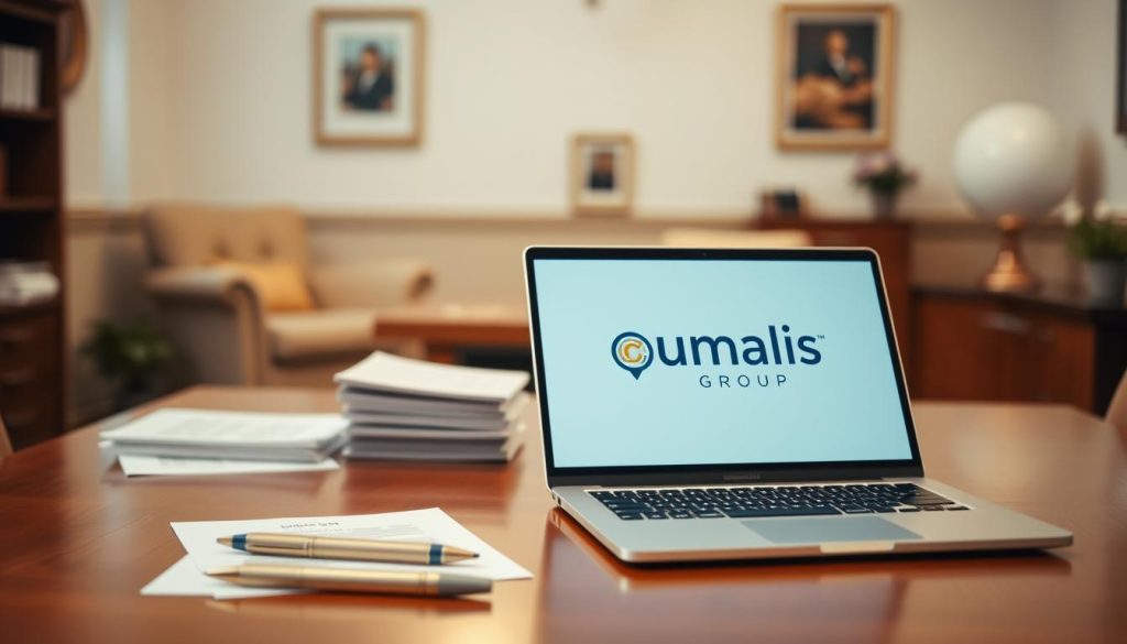 A secure and professional-looking office setting with a laptop, documents, and a pen on a wooden desk. The foreground features a laptop displaying the Umalis Group logo, symbolizing the secure portage salarial IT solution for freelancers in the USA. The middle ground showcases carefully organized documents and a pen, conveying a sense of organization and professionalism. The background depicts a warm, softly lit room with tasteful decor, creating a comfortable and trustworthy atmosphere. The lighting is natural and diffused, with a slight vignette effect to draw the viewer's attention to the central elements. The overall scene communicates the reliability and security of the portage salarial IT solution for freelancers working in the USA.