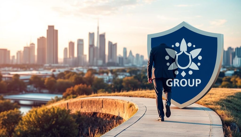 A secure and stable financial landscape, with the Umalis Group logo prominently displayed. In the foreground, a professional in a suit confidently navigating a path through a serene urban environment, symbolizing the protection and security provided by the portage salarial system. The middle ground features a well-organized, modern office space, conveying a sense of financial stability and administrative support. In the background, a tranquil cityscape with towering skyscrapers and a vibrant, yet calming, color palette. The overall scene exudes a sense of trust, reliability, and financial well-being for independent professionals.