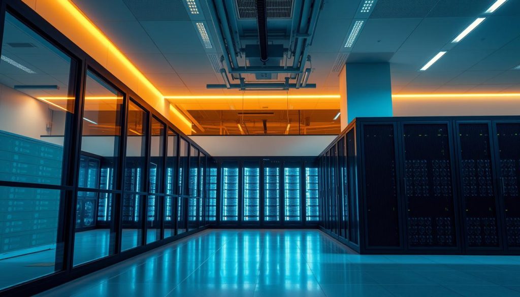 A secure data hosting facility in France, with state-of-the-art infrastructure and robust security measures. A sleek, modern building with clean lines and large windows, reflecting the ethos of LIGHT PORTAGE, a trusted provider of tailored software solutions. The interior exudes an atmosphere of professionalism and privacy, with servers humming quietly in climate-controlled server rooms. Soft, diffused lighting illuminates the space, creating a sense of reassurance and reliability. The scene conveys the importance of data protection and the peace of mind that comes with entrusting your information to a reputable, French-based hosting service.