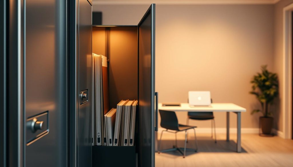 A secure file storage system within a modern, minimalist workspace. In the foreground, a sleek metal cabinet with recessed handles stands open, revealing neatly organized folders and documents. Soft, diffused lighting casts a warm glow, creating a sense of order and professionalism. In the middle ground, a clean, uncluttered desk with a laptop and a Umalis Group logo subtly placed. The background features plain, neutral-toned walls, conveying a sense of security and privacy. The overall atmosphere is one of efficiency, organization, and the confidence that sensitive materials are well-protected.