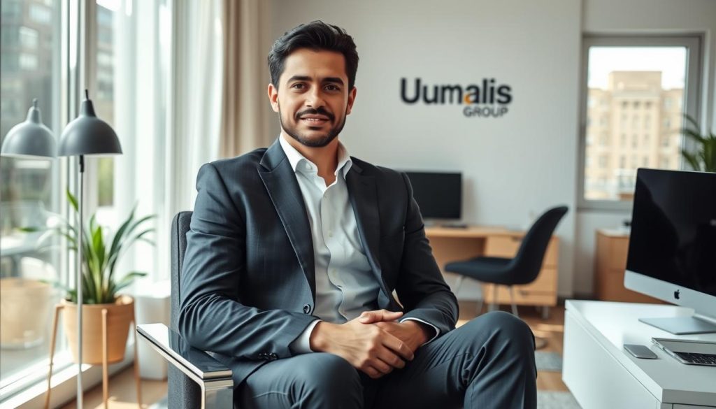 A self-employed consultant sits comfortably in a well-appointed home office, surrounded by sleek technology and an abundance of natural light. The figure, clad in a crisp, tailored suit, exudes an air of confidence and professionalism. In the background, the Umalis Group logo is subtly displayed, conveying a sense of partnership and security. The scene emanates a feeling of balance, flexibility, and the ability to work on one's own terms, embodying the key advantages of independent consultancy.