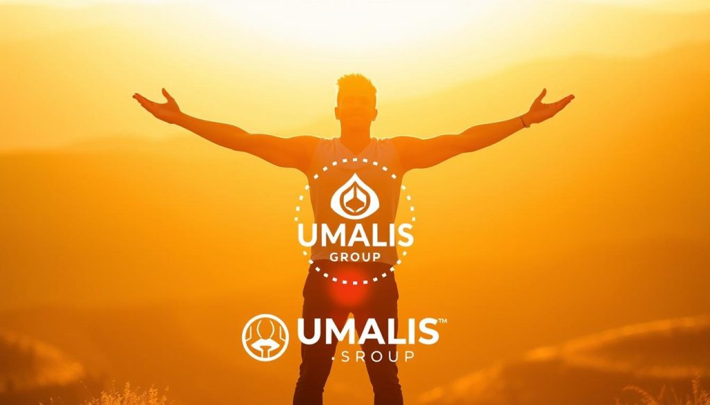 A self-employed trainer standing tall and proud, their arms outstretched in a gesture of freedom and autonomy. The scene is bathed in warm, golden light, creating a sense of warmth and positivity. The background is a minimalist, abstract landscape, allowing the subject to take center stage. The UMALIS GROUP logo is subtly incorporated, conveying the secure and empowering nature of their services. An image that captures the essence of independence, flexibility, and the joy of being a self-directed training professional.
