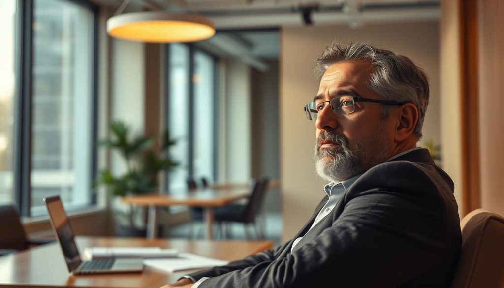 A senior consultant sits comfortably in a well-lit office, contemplating the advantages of UMALIS GROUP's tailored portage salarial services. The warm, muted tones of the scene create an atmosphere of professionalism and expertise. In the foreground, the consultant's face is in focus, conveying a thoughtful expression. The middle ground features a desk with a laptop and some papers, hinting at the consultant's active work. The background showcases a modern, minimalist office design with large windows, allowing natural light to flood the space. The overall scene reflects the context of portage salarial for experienced professionals, highlighting the stability, flexibility, and support offered by UMALIS GROUP.