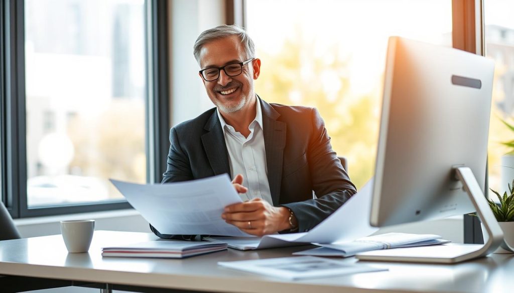 A senior consultant working for Umalis Group sits at a desk, reviewing financial documents and smiling confidently. The office environment is well-lit, with large windows in the background providing a warm, natural glow. The consultant's attire is professional, tailored, and conveys experience and expertise. The desk is neatly organized, with a modern computer setup and a cup of coffee nearby, suggesting a productive and efficient workflow. The image captures the benefits of the "portage salarial" employment model for seasoned professionals, highlighting their skills, autonomy, and the supportive corporate environment provided by Umalis Group.