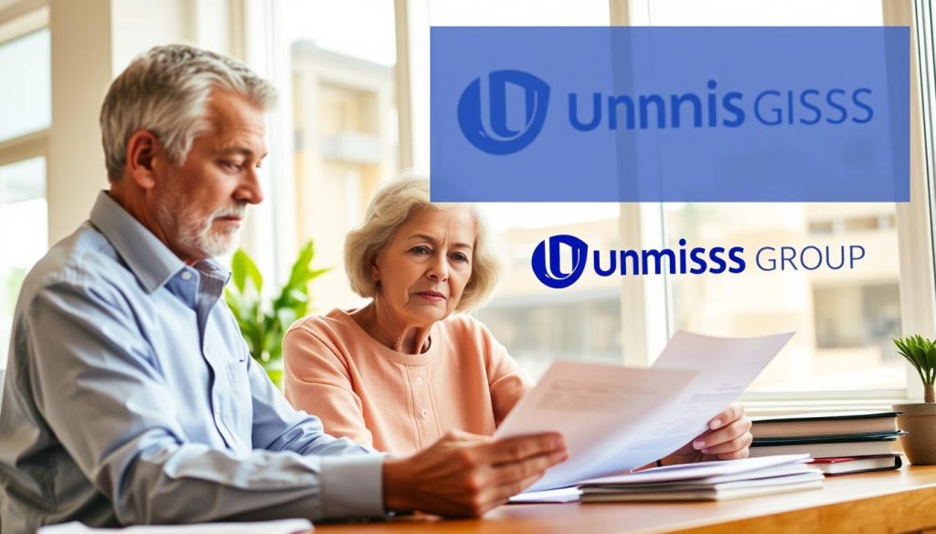 A senior couple sitting at a desk, reviewing financial documents and discussing retirement plan options. The scene is brightly lit, with warm, natural lighting filtering through large windows. The couple's expressions convey a mix of contemplation and determination as they navigate the complexities of retirement planning. In the background, a Umalis Group logo is prominently displayed, signifying the professional guidance and expertise available to assist retirees with employment and financial matters.