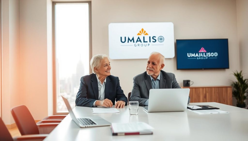 A senior professional couple engaged in a discussion, illustrating the concept of "portage salarial" with a focus on stability and security. In the foreground, the couple, dressed in professional business attire, sit at a modern conference table with laptops and paperwork displayed. The middle ground includes a large window revealing a bright city skyline, symbolizing opportunity and growth. Soft, natural light filters through, creating a warm and inviting atmosphere. In the background, a wall-mounted screen displays the logo "UMALIS GROUP" prominently. The scene conveys a sense of collaboration and confidence, reflecting how seniors can navigate employment through portage salarial effectively.