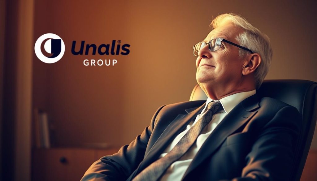 A senior professional dressed in a suit and tie, leaning back in an office chair, contemplating the balance between their career and retirement. The scene is bathed in warm, golden lighting, creating a sense of experienced wisdom and contentment. In the background, a Umalis Group logo subtly signifies the company's role in facilitating this "cumul emploi-retraite" arrangement. The overall atmosphere conveys the benefits and security that this employment model can offer seasoned individuals seeking a gradual transition into retirement.