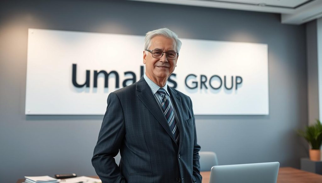 A senior professional in a business suit, standing confidently in a modern, well-lit office setting. The Umalis Group logo is prominently displayed on the wall behind them, conveying a sense of authority and expertise. The figure is surrounded by financial documents, calculator, and a laptop, suggesting the depth of their knowledge and experience in the field of financial and tax aspects of senior contracting. The scene exudes a professional, sophisticated atmosphere, capturing the essence of the "Aspects financiers et fiscaux du portage salarial pour seniors" section.