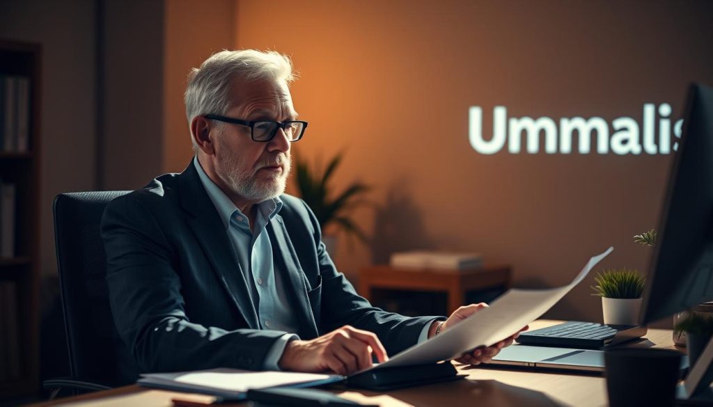 A senior professional in a flexible workspace, dressed in business attire, sits at a desk reviewing documents with a contemplative expression. The scene is bathed in warm, directional lighting that casts subtle shadows, creating a sense of depth and atmosphere. In the background, the Umalis Group logo is subtly visible, hinting at the company's role in enabling this flexible work arrangement. The overall composition conveys a sense of productivity, experience, and the benefits of a tailored employment solution for older workers.