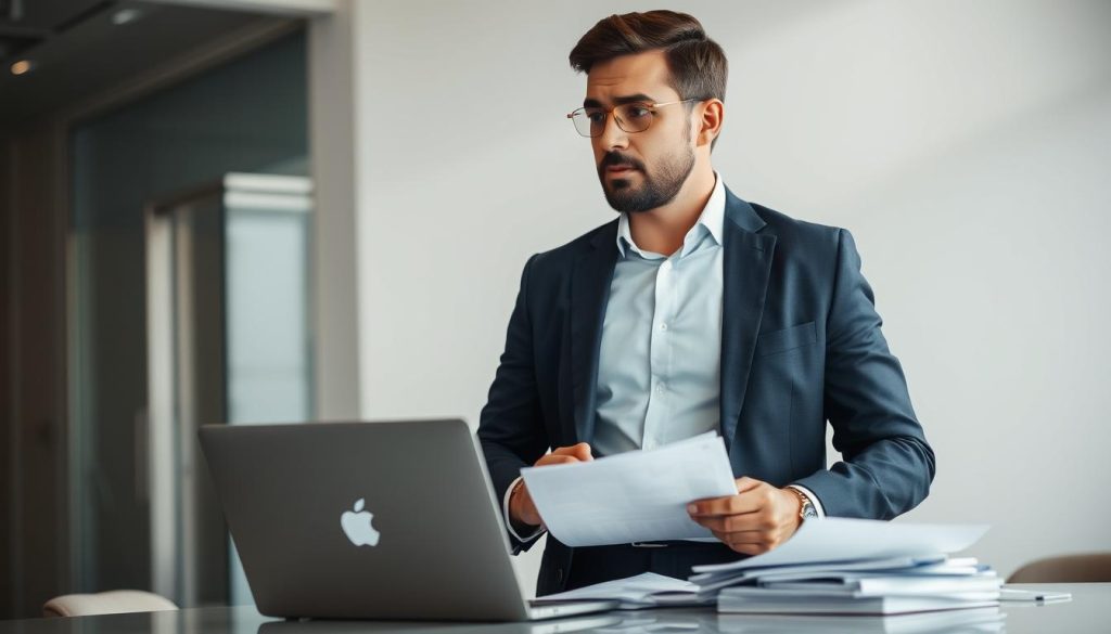 A senior project manager of the Umalis Group, dressed in a sharp suit, stands at a desk with a laptop and various documents, deep in thought. The setting is a modern, well-lit office space with clean lines and neutral tones. The manager's expression conveys a sense of focus and determination as they navigate complex project details. The scene captures the essence of the skills and profile sought for a senior project manager role - an experienced, analytical leader adept at juggling multiple priorities and making critical decisions.