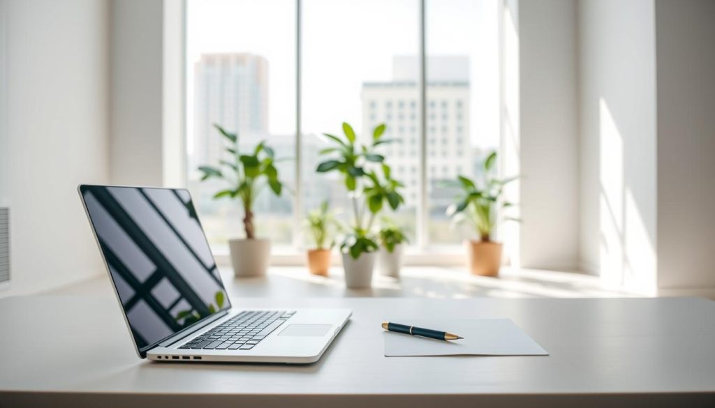 A serene administrative office setting with a clean, minimalist aesthetic. In the foreground, a laptop and a pen rest on a simple, uncluttered desk, suggesting the ease and efficiency of the Umalis Group's salarial portage services. The middle ground features a few potted plants, their presence adding a touch of warmth and tranquility to the workspace. In the background, tall, airy windows allow natural light to flood the room, creating a bright and inviting atmosphere. The overall composition conveys the simplification and streamlining of administrative tasks that the Umalis Group's salarial portage solutions provide.