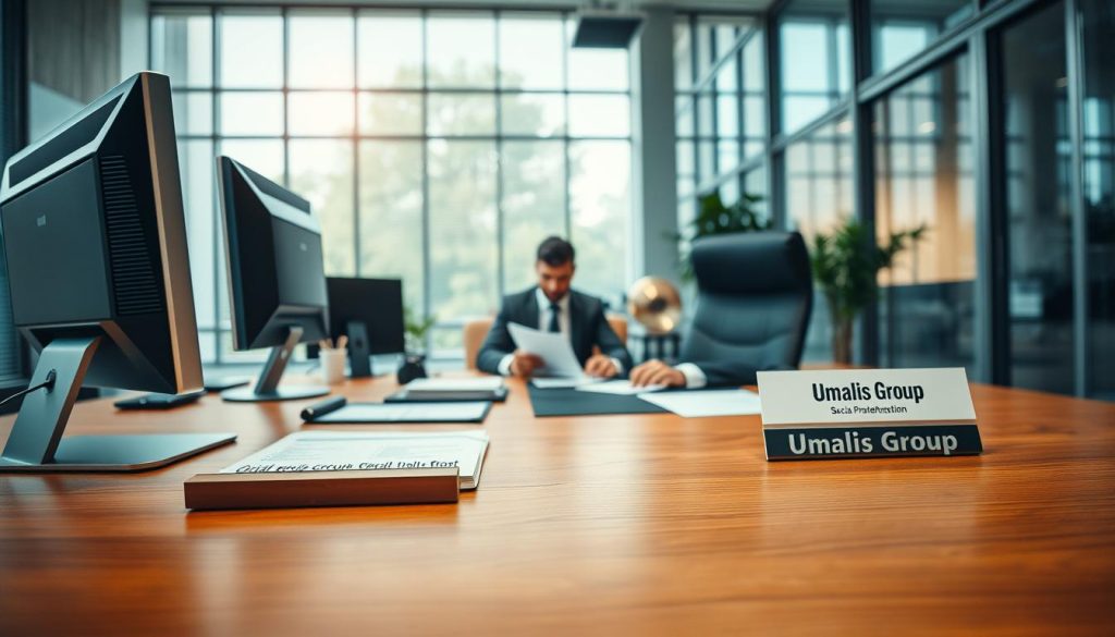 A serene, administrative office with a focus on social protection and employee benefits. The foreground features a wooden desk with a computer, documents, and a Umalis Group branded nameplate. In the middle ground, a well-dressed professional sits reviewing paperwork, conveying expertise and diligence. The background depicts a modern, well-lit interior with floor-to-ceiling windows, allowing natural light to flood the space and create a calming, professional atmosphere. The overall scene exudes a sense of stability, organization, and the foundational aspects of social security and administrative management.