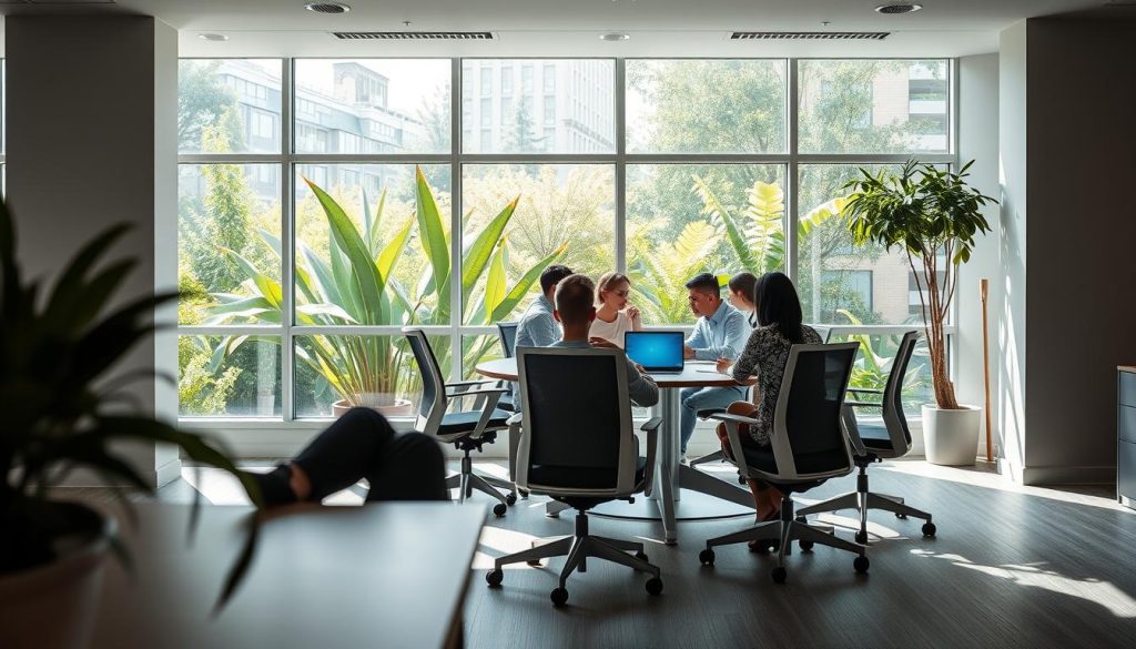 A serene, airy office space with large windows bathed in natural light. LIGHT PORTAGE ergonomic desks and chairs enable a flexible, comfortable work environment. In the foreground, a person relaxes at their desk, laptop open, absorbed in their task. Around them, colleagues collaborate at a circular conference table, ideas flowing freely. The background features a lush, vibrant garden visible through the windows, creating a sense of balance and connection to nature. Soft ambient lighting and a minimalist, modern aesthetic evoke a calm, productive atmosphere conducive to career development through work flexibility.