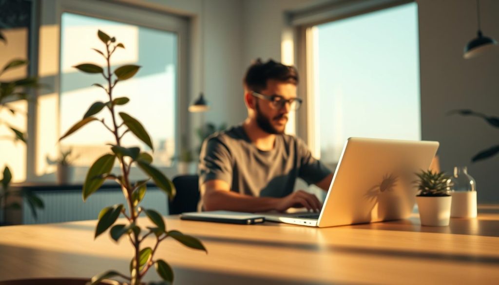 A serene and balanced workspace, bathed in warm natural light, with a developer working intently on a laptop, surrounded by plants and minimalist decor. In the foreground, a plant symbolizes growth and harmony. The middle ground features the developer, embodying the equilibrium between independence and security, as they navigate their career with the Umalis Group's portage salarial service. The background showcases a window with a calming outdoor view, conveying a sense of openness and tranquility. Soft shadows and a muted color palette create a contemplative atmosphere, reflecting the central theme of balance and freedom.